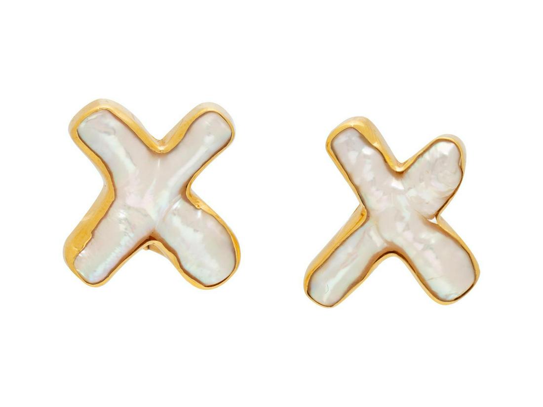 A Pair of 18 Karat Yellow Gold Cultured Biwa Pearl: A Pair of 18 Karat Yellow Gold Cultured Biwa Pearl Earclips, Maz, consisting of two X-shapes Biwa pearls within bezel settings. Stamp: MAZ18K. 9.85 dwts. Provenance: