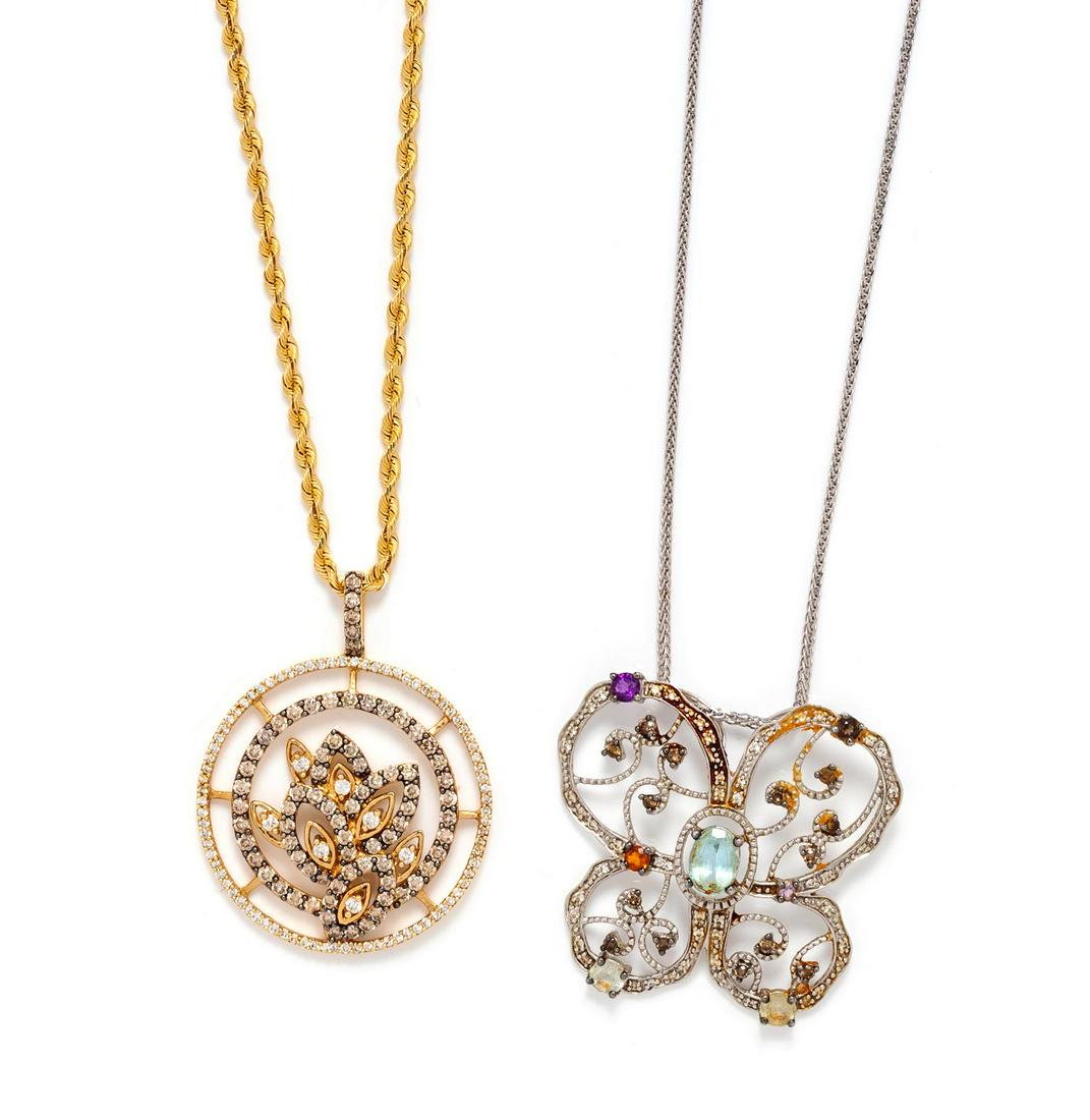 A Collection of 14 Karat Gold and Diamond Pendant: A Collection of 14 Karat Gold and Diamond Pendant Necklaces, consisting of a yellow gold pendant necklace containing 164 round brilliant cut diamonds and colored diamonds (origin of color not tested) 