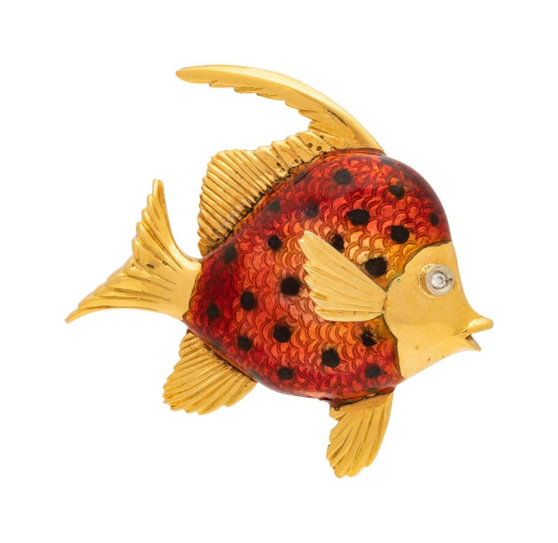 An 18 Karat Yellow Gold, Enamel and Diamond Fish: An 18 Karat Yellow Gold, Enamel and Diamond Fish Brooch, Birks, with a red and black enamel body and one round brilliant cut diamond eye. Stamp: BIRKS ITALY 18K. 5.65 dwts. Provenance: