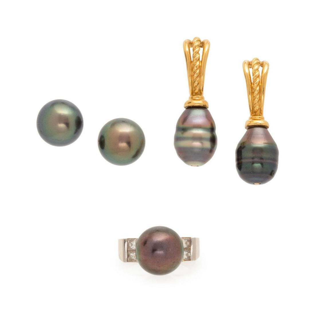A Collection of Yellow Gold and Cultured Tahitian Pearl: A Collection of Yellow Gold and Cultured Tahitian Pearl Jewelry, consisting of an 18 karat bicolor gold ring containing one Tahitian pearl measuring approximately 10.50-10.70 mm in diameter and four p