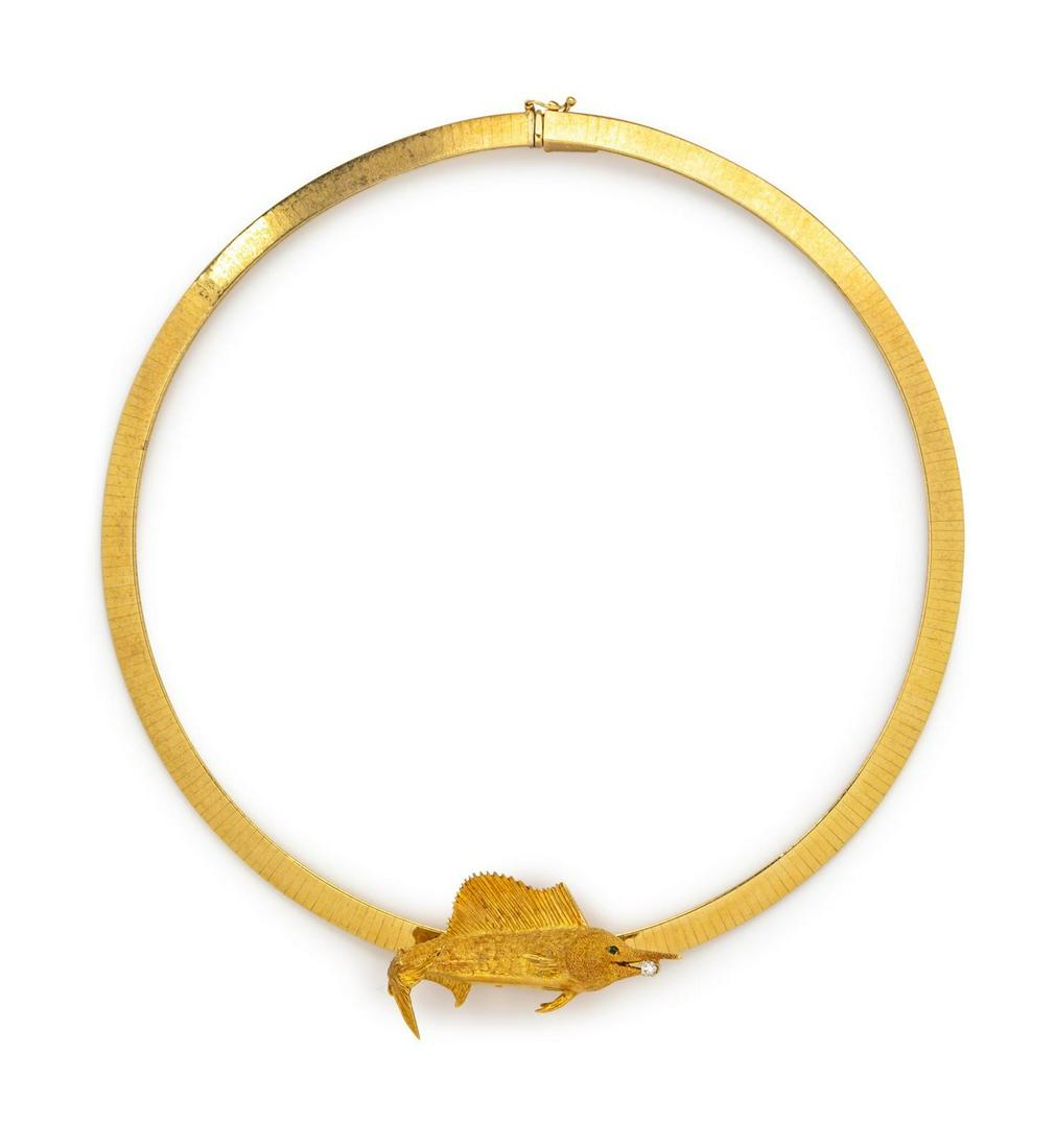 A Yellow Gold and Diamond Marlin Fish Slide/Necklace,: A Yellow Gold and Diamond Marlin Fish Slide/Necklace, consisting of an 18 karat gold marlin fish slide containing one round brilliant cut diamond weighing approximately 0.04 carat and one round mixed 