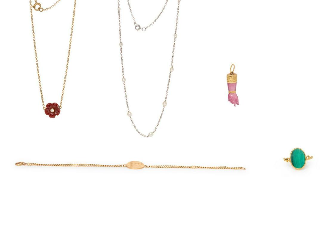 A Collection of 18 Karat Gold Jewelry,: A Collection of 18 Karat Gold Jewelry, consisting of an oval malachite ring, a figa charm, a carved flower pendant necklace containing one round brilliant cut diamond, a white gold and seed pearl stat