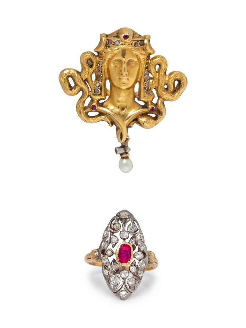 A Collection of Antique Gold, Ruby and Diamond Jewelry,: A Collection of Antique Gold, Ruby and Diamond Jewelry, consisting of an 18 karat gold Art Nouveau brooch containing numerous round single cut diamonds, three round mixed cut rubies and one pearl, tog
