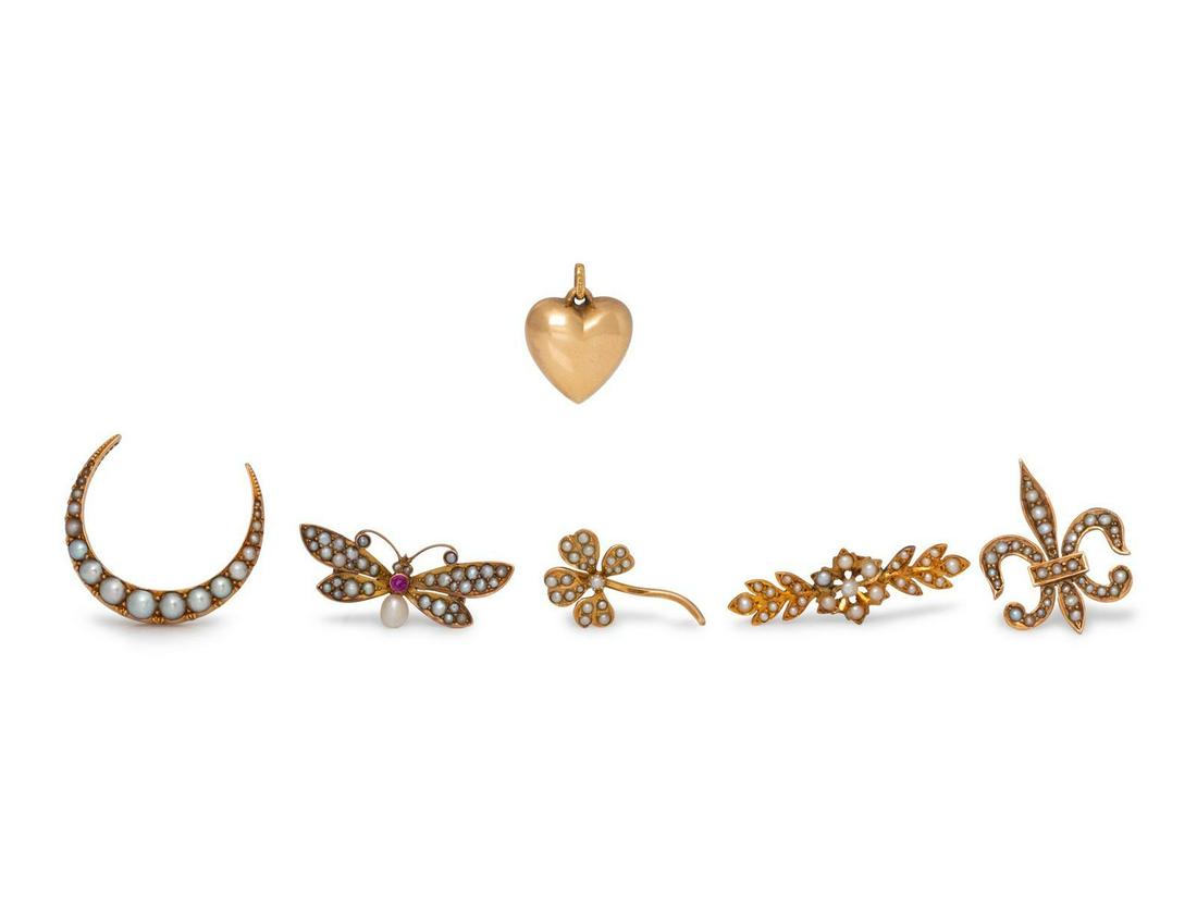 A Collection of Antique Yellow Gold Jewelry,: A Collection of Antique Yellow Gold Jewelry, consisting of a 14 karat gold and seed pearl fleur-de-lis brooch, a 10 karat gold and seed pearl four leaf clover brooch, a gold, seed pearl and ruby butte
