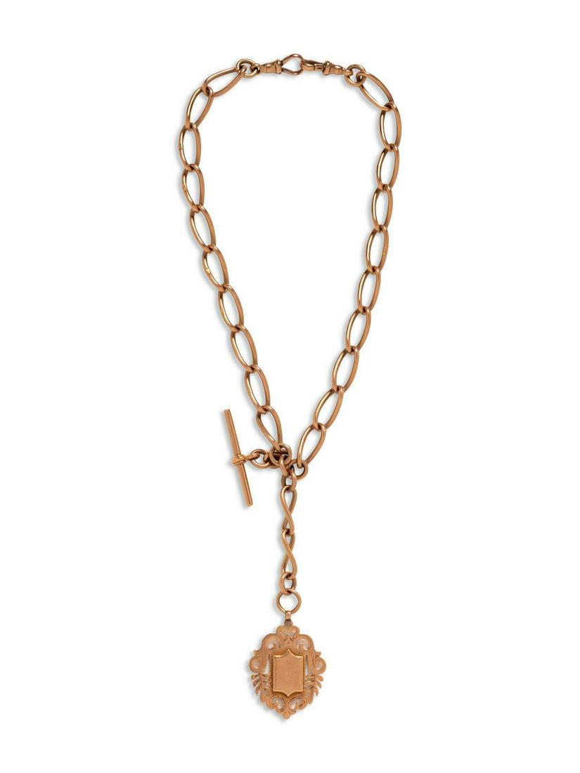An Antique 9 Karat Rose Gold Fob Chain,: An Antique 9 Karat Rose Gold Fob Chain, consisting of an elongated curb link chain with Albert swivel clasp and T-bar, suspending a fob pendant with blank cartouche. Stamp: (British hallmarks). 35.90 