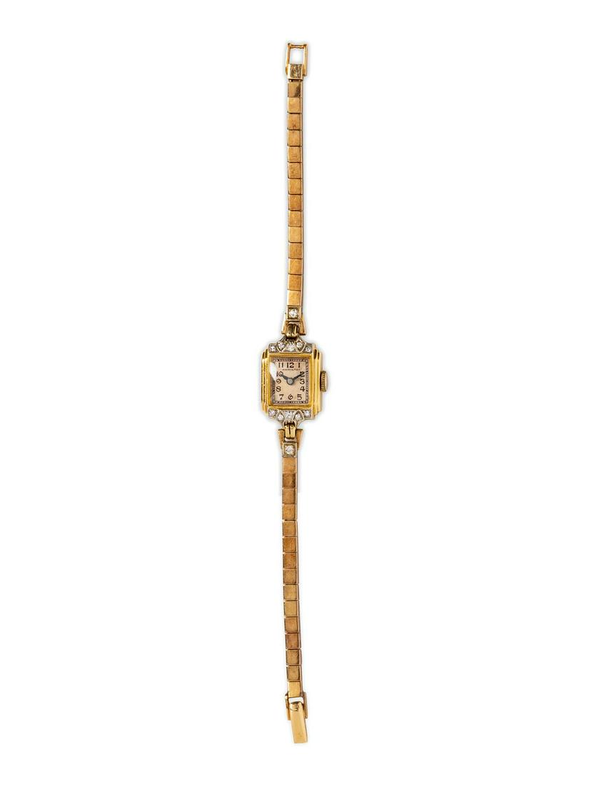 A 14 Karat Yellow Gold and Diamond Wristwatch,: A 14 Karat Yellow Gold and Diamond Wristwatch, Hamilton, 17.00 x 13.00 mm case dimensions, off white dial signed HAMILTON, black Arabic numerals, blued steel alpha hands, the lugs and bracelet contain