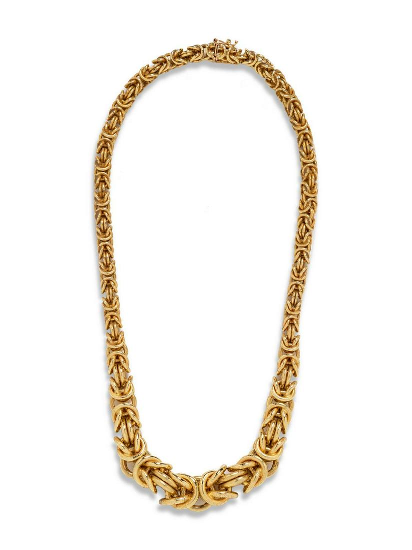 A 14 Karat Yellow Gold Necklace, Italian,: A 14 Karat Yellow Gold Necklace, Italian, consisting of graduating Byzantine link chain measuring approximately 7.00-14.00 mm wide. Stamp: (Italian hallmark)(maker's mark) 14K BREV. 32.20 dwts. Proven