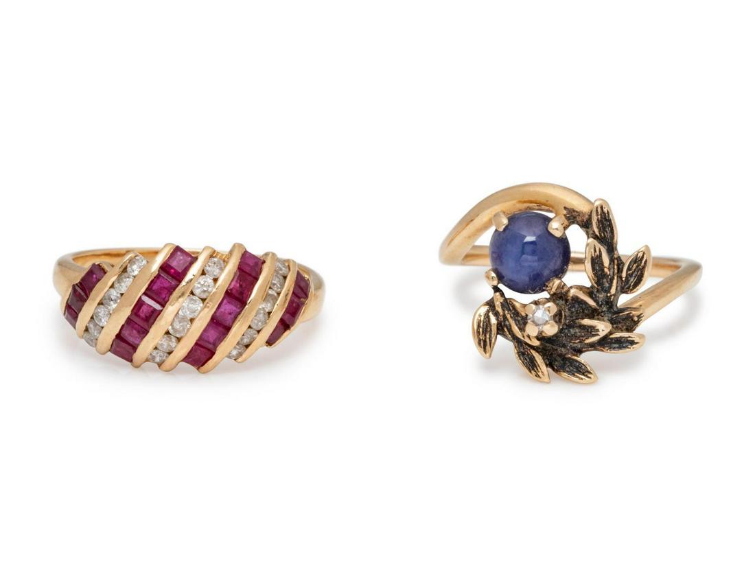 A Collection of 14 Karat Yellow Gold, Diamond and: A Collection of 14 Karat Yellow Gold, Diamond and Gemstone Rings, consisting of a ring containing 18 round brilliant cut diamonds and 16 square step cut rubies, together with a ring containing one o