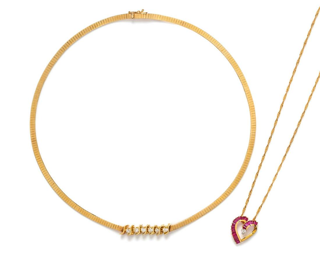 A Collection of Yellow Gold and Diamond Necklaces,: A Collection of Yellow Gold and Diamond Necklaces, consisting of a 14 karat yellow gold Italian omega chain necklace containing six round brilliant cut diamonds weighing approximately 0.60 carat total