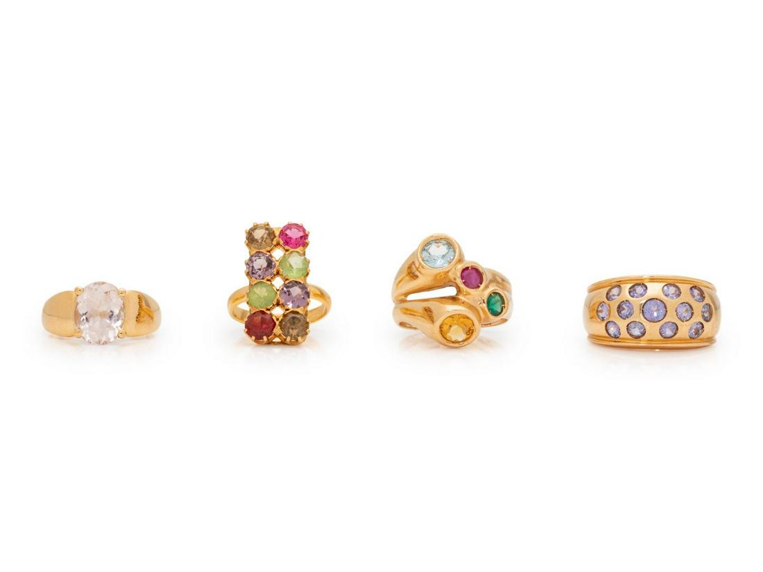 A Collection of Yellow Gold and Gemstone Rings,: A Collection of Yellow Gold and Gemstone Rings, consisting of a gold ring containing eight round mixed cut gemstones, a 14 karat gold ring containing one oval shape mixed cut morganite measuring appro