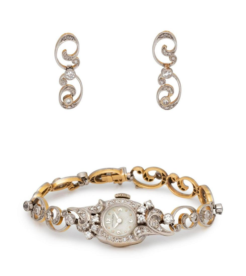 An Edwardian Platinum Topped Gold and Diamond Bracelet: An Edwardian Platinum Topped Gold and Diamond Bracelet with Later Hamilton Watch, consisting of a bracelet containing numerous rose and old mine cut diamonds with a later added watch by Hamilton, to