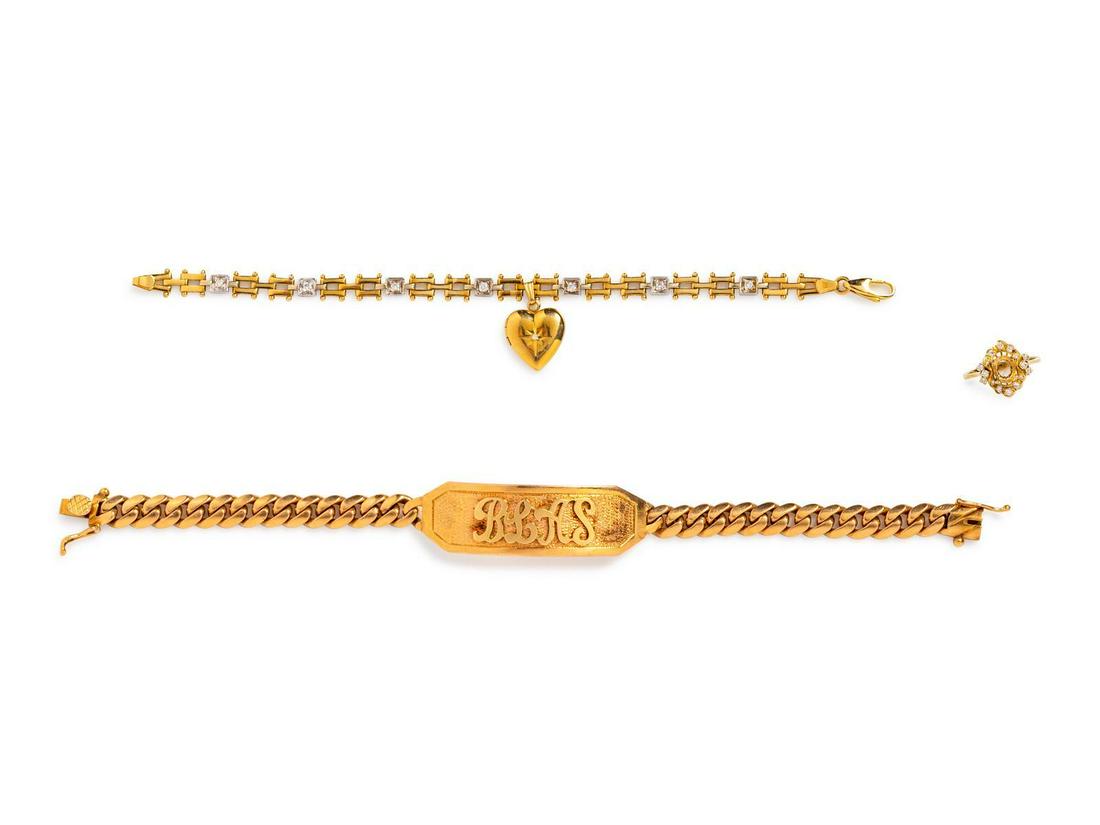 A Collection of Yellow Gold Jewelry,: A Collection of Yellow Gold Jewelry, consisting of an 18 karat gold dog tag bracelet containing the letters 'BLAS' and a curb link chain measuring approximately 7.00 mm wide, a 14 karat gold and diamo