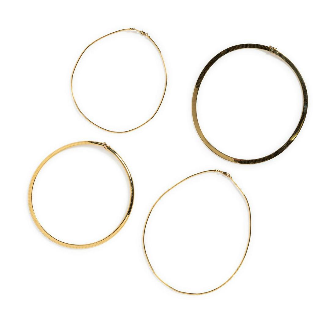 A Collection of 14 Karat Yellow Gold Necklaces,: A Collection of 14 Karat Yellow Gold Necklaces, consisting of an omega necklace measuring approximately 6.00 mm wide, an omega necklace measuring approximately 6.00 mm wide, a round omega necklace mea