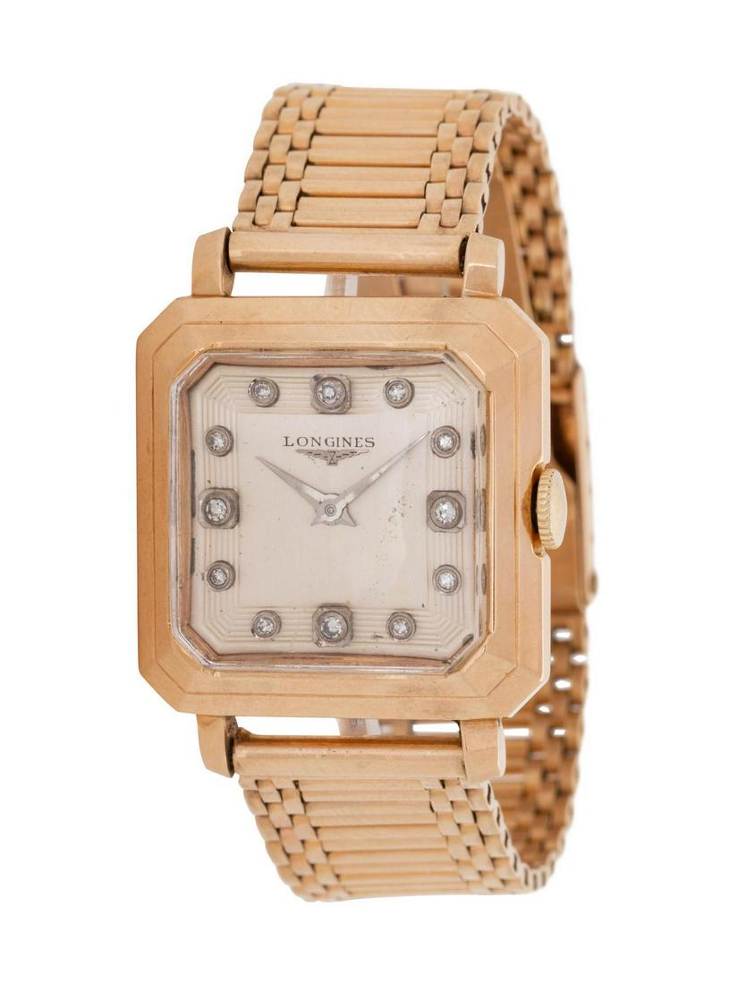 A 14 Karat Yellow Gold and Diamond Wristwatch,: A 14 Karat Yellow Gold and Diamond Wristwatch, Longines, Circa 1940's, 25.00 x 27.00 mm case dimensions, matte silvered dial signed LONGINES, single cut diamond numerals, Cal. 23Z manual wind 17 jewe