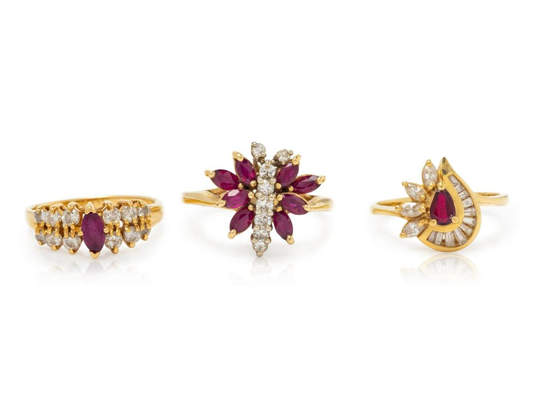 A Collection of 14 Karat Yellow Gold, Gemstone and: A Collection of 14 Karat Yellow Gold, Gemstone and Diamond Rings, consisting of a ring containing one pear shape garnet, four marquise cut diamonds and 11 baguette cut diamonds, a ring containing eigh