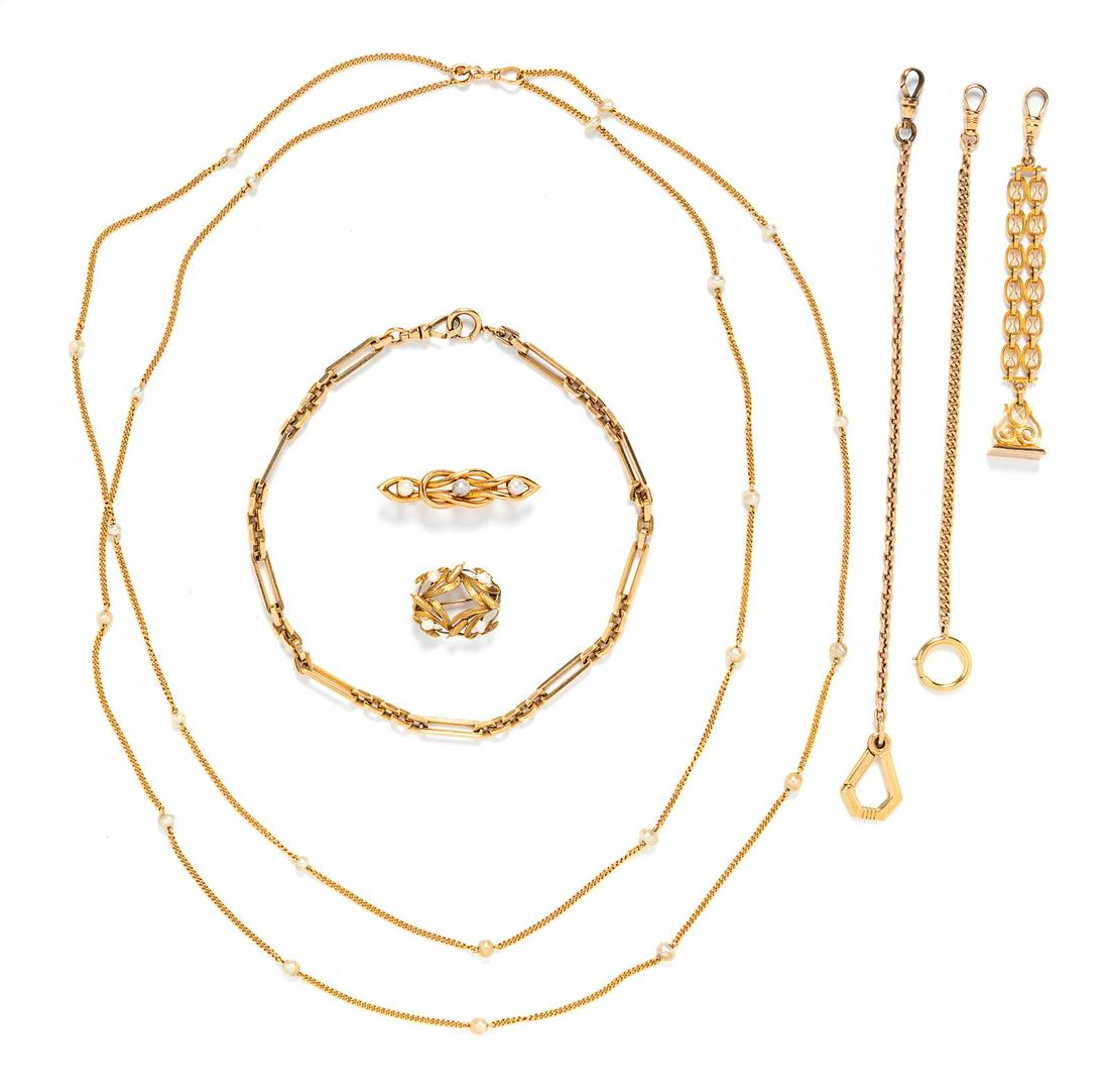 A Collection of 14 Karat Yellow Gold Fob Chains,: A Collection of 14 Karat Yellow Gold Fob Chains, consisting of a vest fob chain of oval fancy link design with an Albert swivel clasp and suspending a matching blank wax seal, a curb link fob chain me