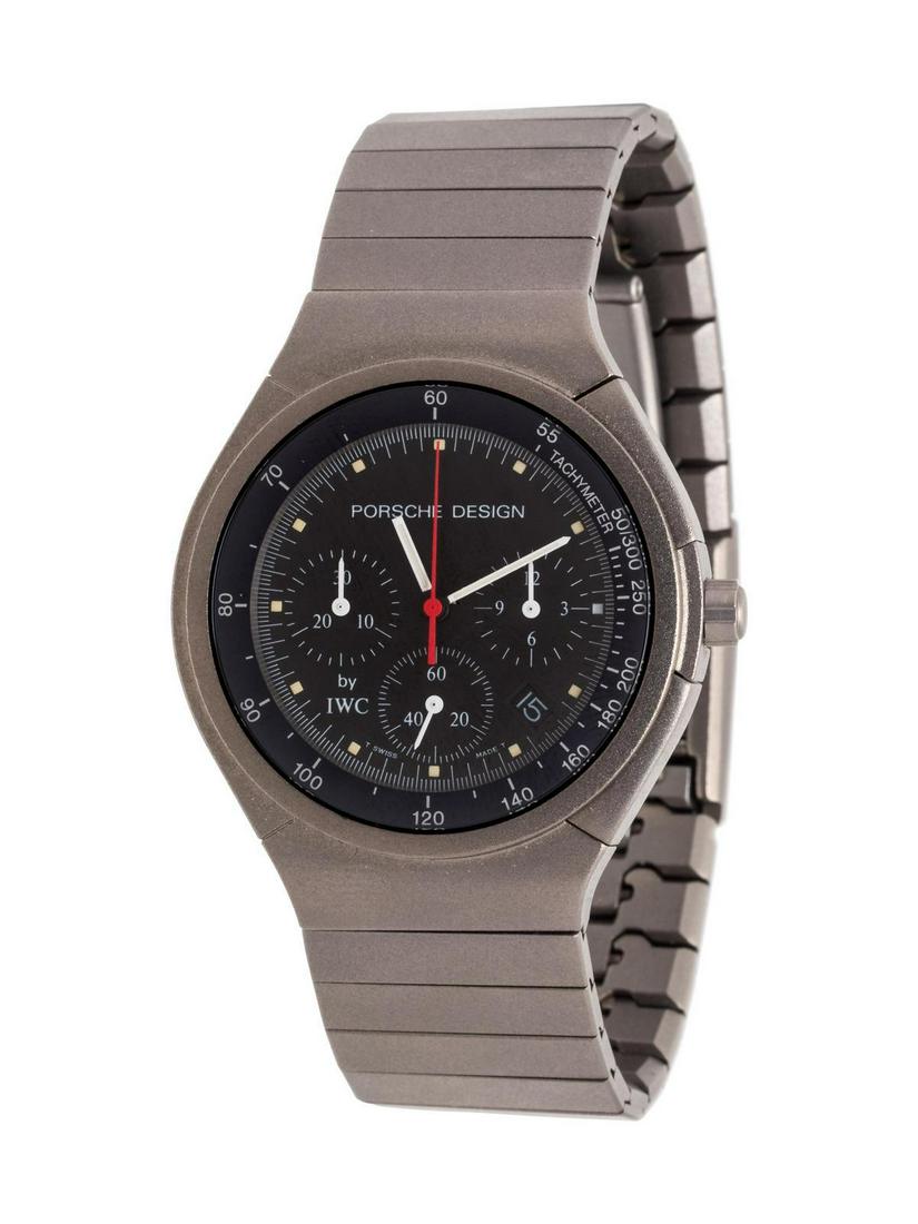 A Titanium 'Chronograph' Wristwatch, IWC for Porsche: A Titanium 'Chronograph' Wristwatch, IWC for Porsche Design, 35.00 mm case diameter, black dial signed PORSCHE DESIGN by IWC, luminous baton numerals, luminous hands with center sweep seconds hand, ap