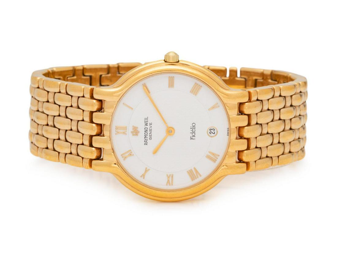 A Gold Electroplate 'Fidelio' Wristwatch, Raymond Weil,: A Gold Electroplate 'Fidelio' Wristwatch, Raymond Weil, 32.00 mm case dimension, white dial signed RAYMOND WEIL Fidelio, Roman numerals, pencil hands, quartz movement, link bracelet with deployant cla