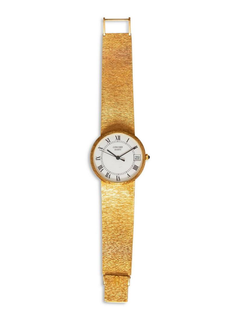 A 14 Karat Yellow Gold Wristwatch, Concord,: A 14 Karat Yellow Gold Wristwatch, Concord, 32.00 mm case diameter, white dial signed CONCORD, Arabic numerals, black pencil hands with center seconds, date aperture at 3 o'clock, snap on case back, q