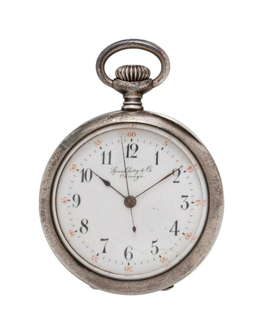 A Sterling Silver Open Face Pendant Watch, Spaulding &: A Sterling Silver Open Face Pendant Watch, Spaulding & Co., 35.00 mm case diameter, white dial signed Spaulding & Co. Chicago, Arabic numerals with red outer chapter ring calibrated to 60 units, blu