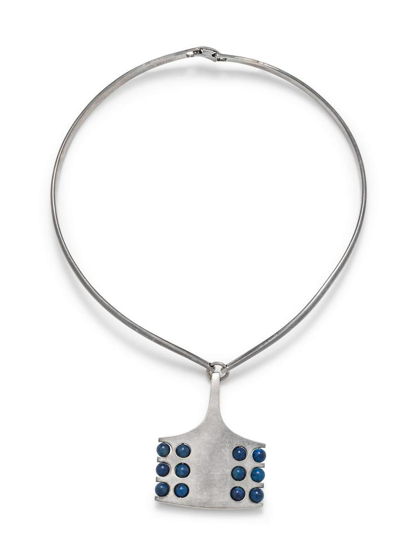 A Sterling Silver and Lapis Lazuli Collar Necklace,: A Sterling Silver and Lapis Lazuli Collar Necklace, Nanna Ditzel and Ibe Dahquist for Georg Jensen, consisting of an abstract pendant containing 12 lapis lazuli round beads, with curved collar necklac