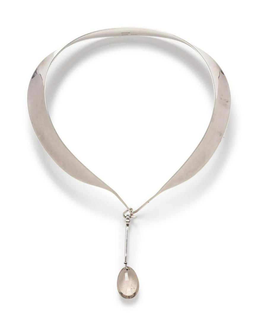 A Sterling Silver Collar Necklace and Two Rutilated: A Sterling Silver Collar Necklace and Two Rutilated Quartz Pendants, Vivianna Torun Bulow-Hube for Georg Jensen, consisting of a curved sculptural collar necklace, together with a detachable pendant