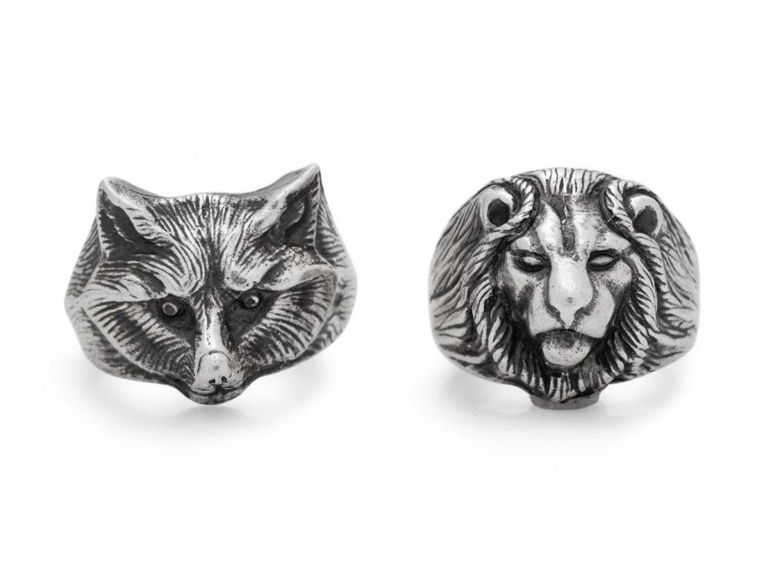 A Collection of Sterling Silver Animal Rings, Samuel: A Collection of Sterling Silver Animal Rings, Samuel Kirk & Son, consisting of a lion ring and a fox ring. Stamp: S. KIRK & SON STERLING. Stamp: S. KIRK & SON STERLING 93. 22.50 dwts. Provenance: