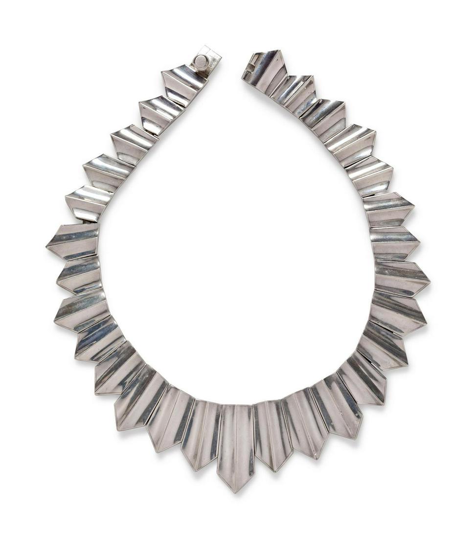 A Sterling Silver Collar Necklace, Antonio Pineda,: A Sterling Silver Collar Necklace, Antonio Pineda, consisting of graduating pointed beads, strung with a box clasp. Stamp: (maker's mark) TAXCO MEXICO 970 121. 111.40 dwts. Provenance:
