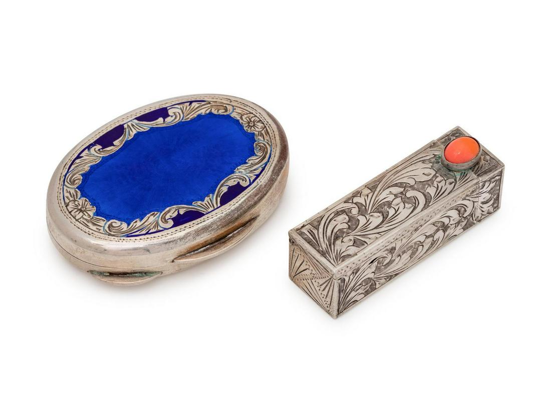 A Collection of Silver Boxes,: A Collection of Silver Boxes, consisting of an Italian sterling silver hinged box with engraved and blue enamel details, together with a foliate engraved hinged lipstick case with one oval shape caboc