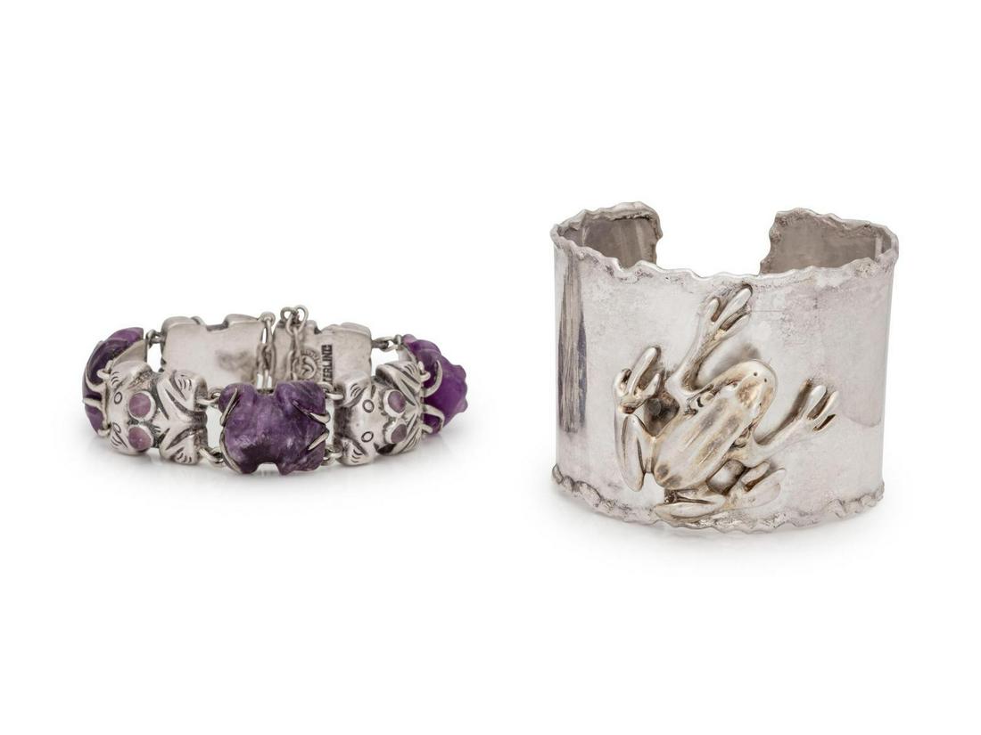 A Collection of Silver Frog Bracelets,: A Collection of Silver Frog Bracelets, consisting of a bracelet by William Spratling with alternating carved amethyst frog links and sterling silver frog links with round cabochon cut amethyst eyes, t