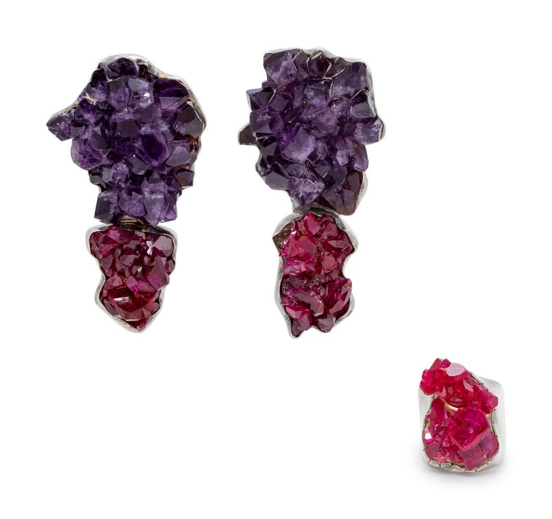 A Collection of Sterling Silver, Amethyst and Synthetic: A Collection of Sterling Silver, Amethyst and Synthetic Ruby Crystal Jewelry, Rebecca Collins, consisting of a ring containing a synthetic ruby crystal, together with a pair of earclips containing two