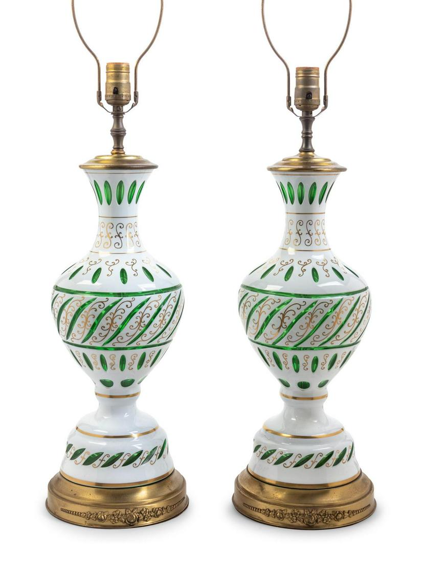 A Pair of Bohemian White Overlay Glass Vases (1 of 1)