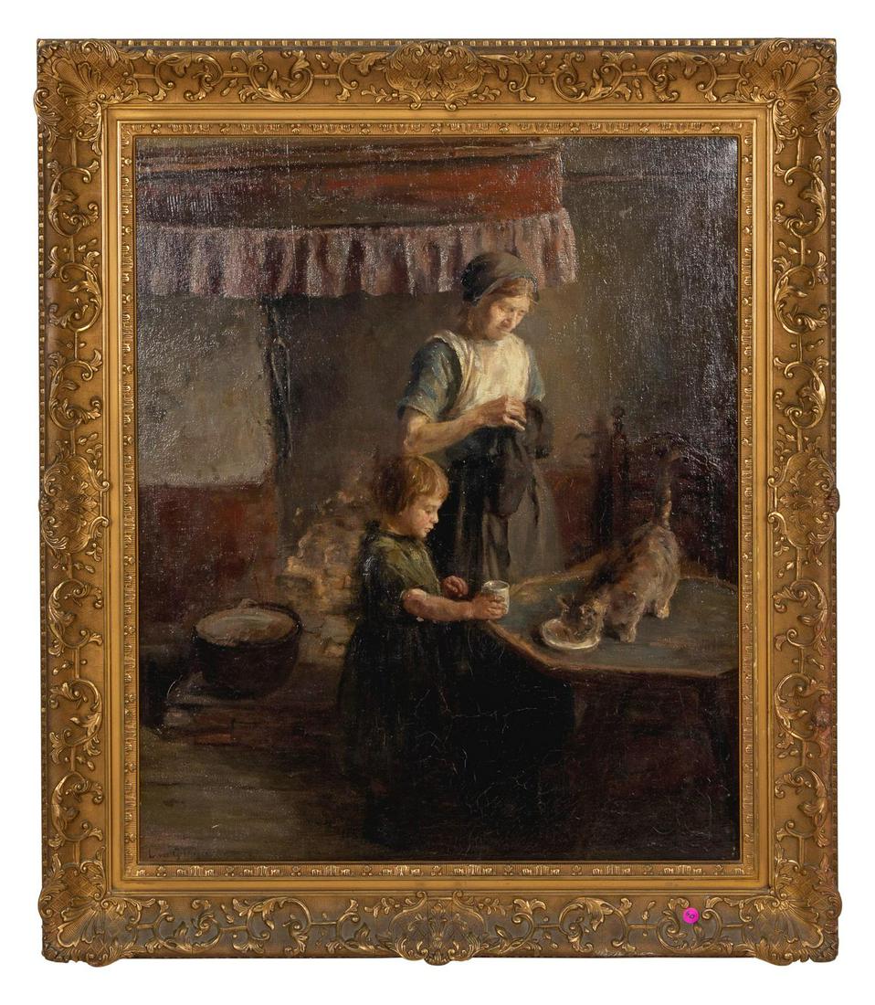 Loes van Groningen (Dutch, 1884-1970) Mother, Child and: Loes van Groningen (Dutch, 1884-1970) Mother, Child and Kitten oil on canvas signed L. van Groningen (lower left) 35 1/2 x 29 1/2 inches. Property from the Margaret A. Cooper Trust, Evanston, Illinois