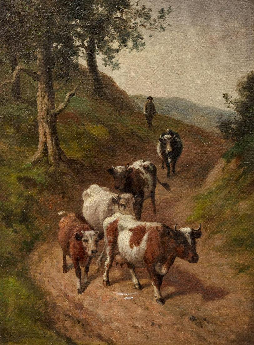 Continental School, 20th Century: Continental School, 20th Century Untitled (Herding Cattle) oil on canvas signed illegibly (lower left) 12 x 9 inches.
