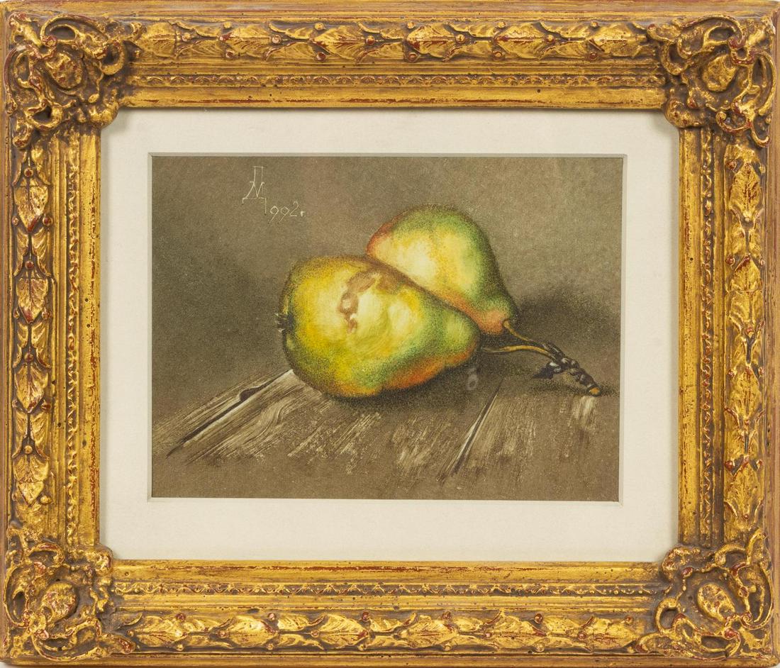 Continental School, 20th Century: Continental School, 20th Century Still Life with Pears, 1992 oil on paper signed with artist's monogram and dated (upper left) 5 x 6 inches.