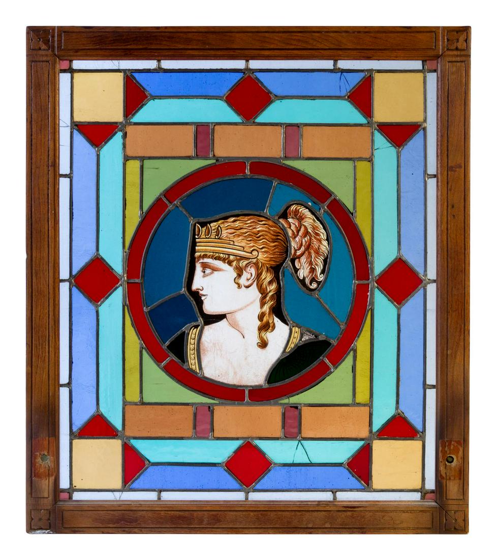 A Leaded and Stained Glass Panel: A Leaded and Stained Glass Panel Height 24 x width 21 1/2 inches.