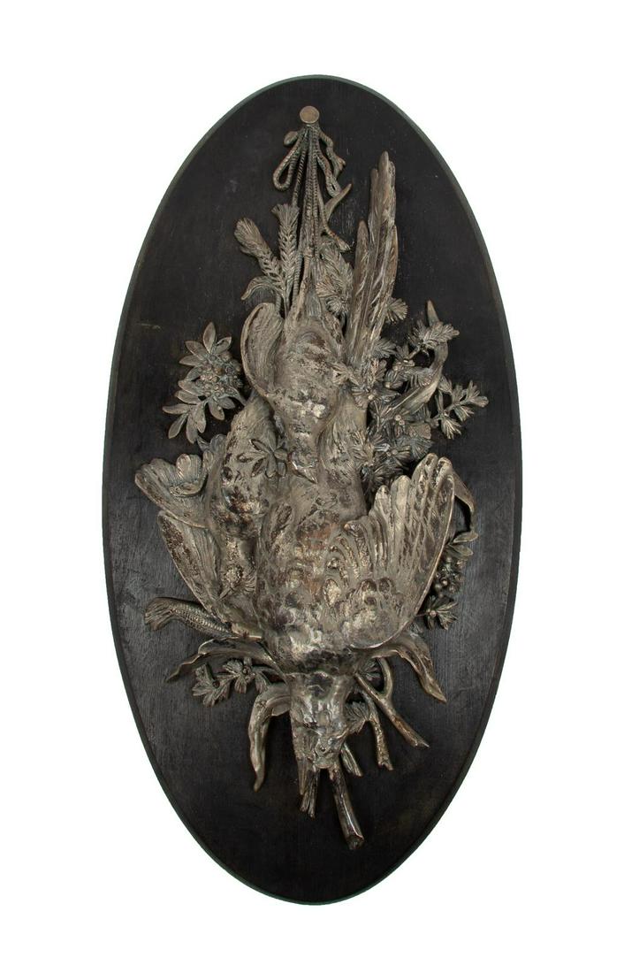 A Silvered Bronze Plaque Depicting a Game Trophy: A Silvered Bronze Plaque Depicting a Game Trophy 20th Century Height 35 x width 17 1/4 inches.