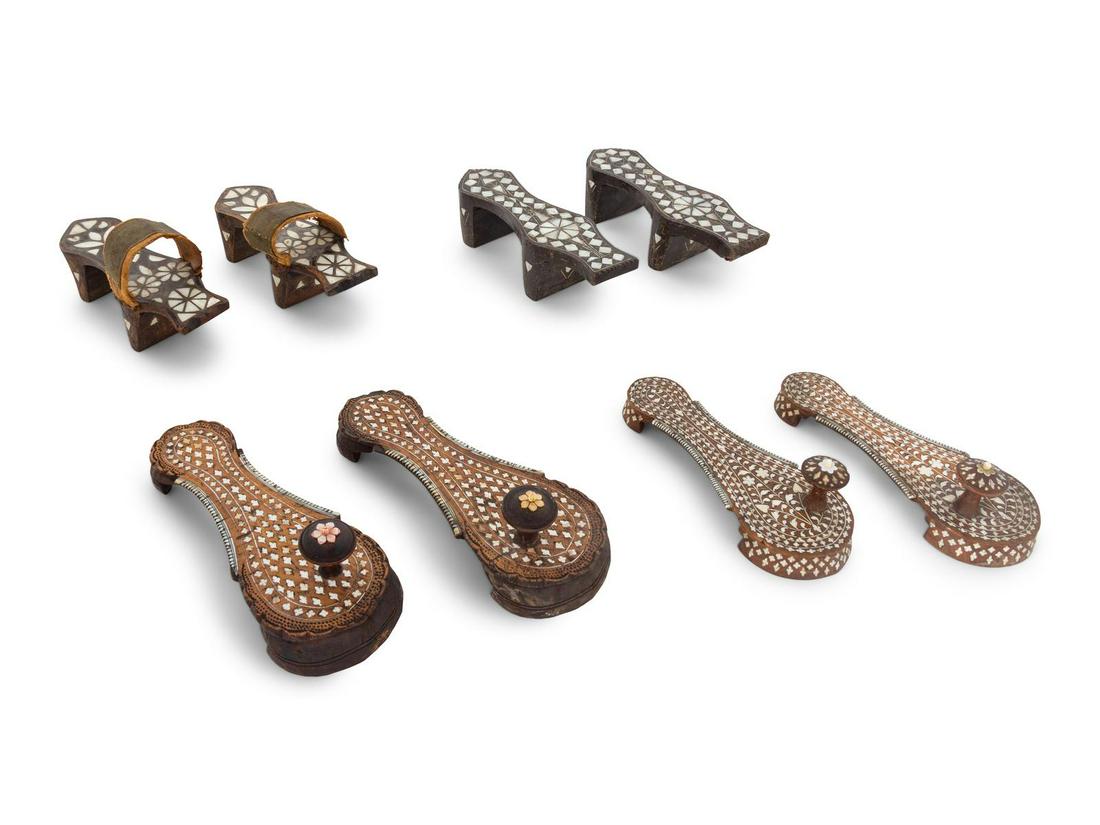 Four Pairs of Mother-of-Pearl and Bone Inlaid Bath: Four Pairs of Mother-of-Pearl and Bone Inlaid Bath Shoes 19th Century comprising Syrian, Ottoman and Indian examples. Length of longest pair 10 inches. Property from the Collection of Hamid and Kim Al