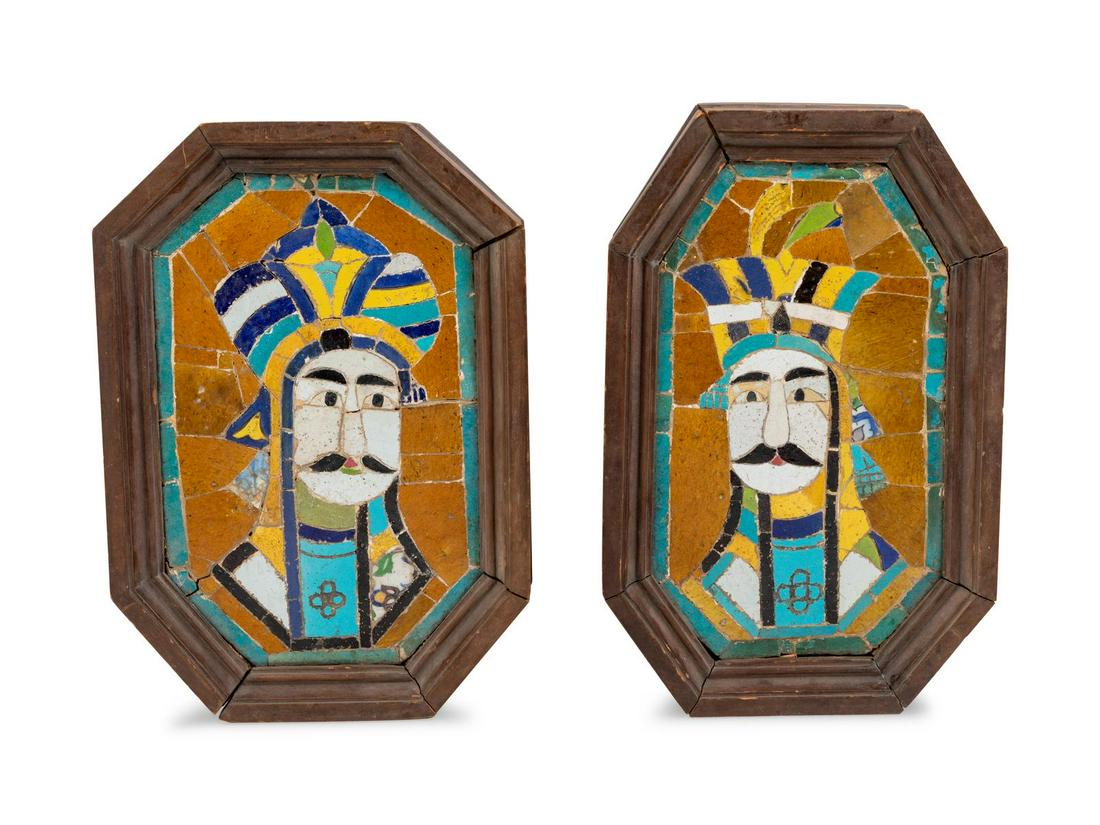 A Pair of Mosaic Qajar Shah Portraits: A Pair of Mosaic Qajar Shah Portraits 18th Century Height of taller 12 1/2 inches. Property from the Collection of Hamid and Kim Alwan, Milwaukee, Wisconsin