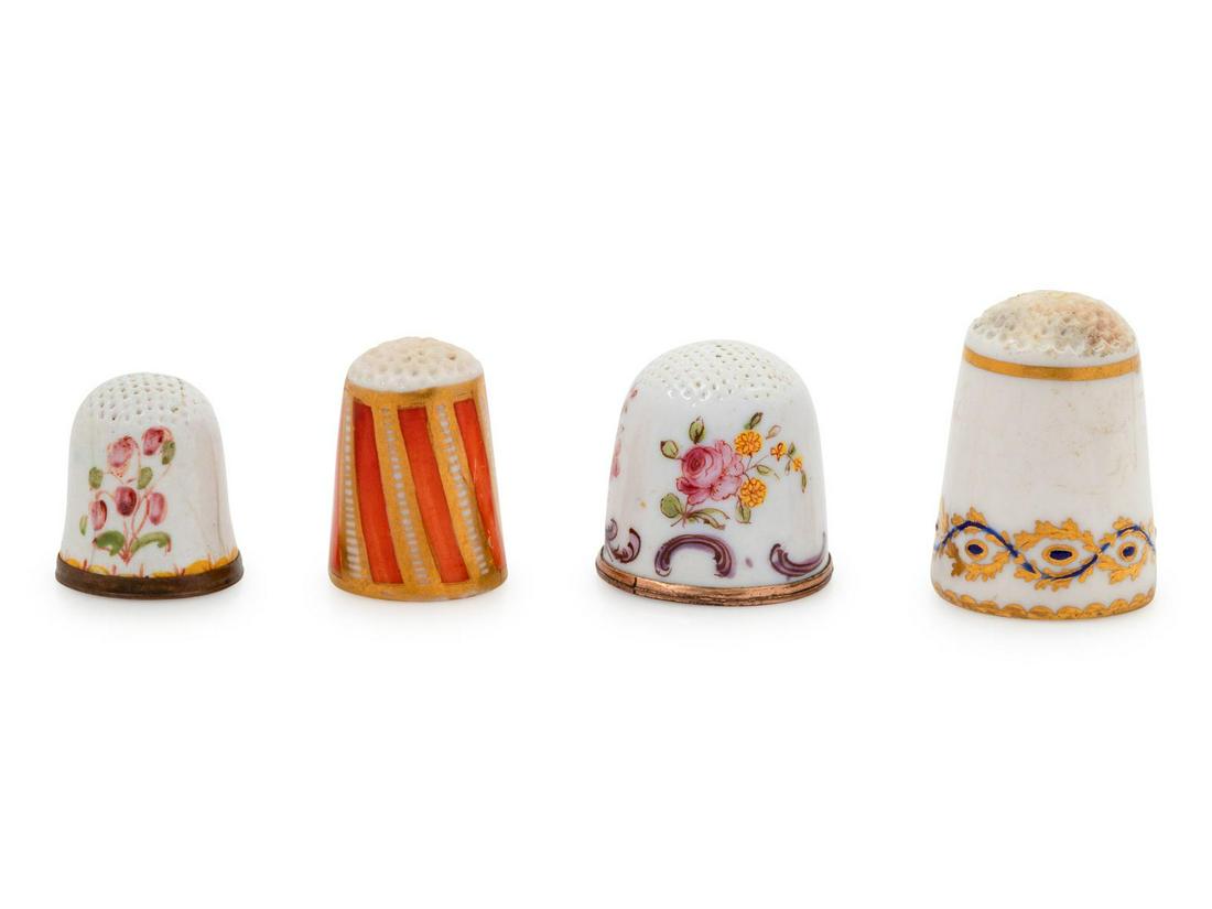 Four English Painted Porcelain Thimbles: Four English Painted Porcelain Thimbles 19th Century comprising two Staffordshire examples and two others. Height of tallest 7/8 inches. Property from the Collection of Ann Blakeslee Black, Burlington