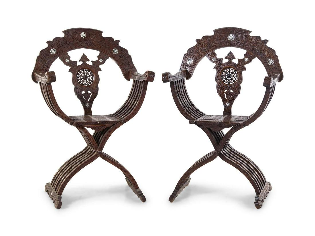 A Pair of Syrian Carved Armchairs: A Pair of Syrian Carved Armchairs 19th Century Height 41 1/4 inches. Property from the Collection of Hamid and Kim Alwan, Milwaukee, Wisconsin
