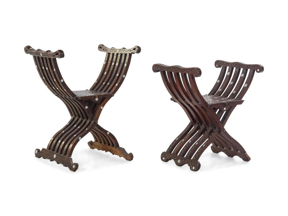 Two Syrian Mother-of-Pearl Inlaid Savonarola Chairs: Two Syrian Mother-of-Pearl Inlaid Savonarola Chairs 19th Century Width of wider 37 1/2 inches. Property from the Collection of Hamid and Kim Alwan, Milwaukee, Wisconsin