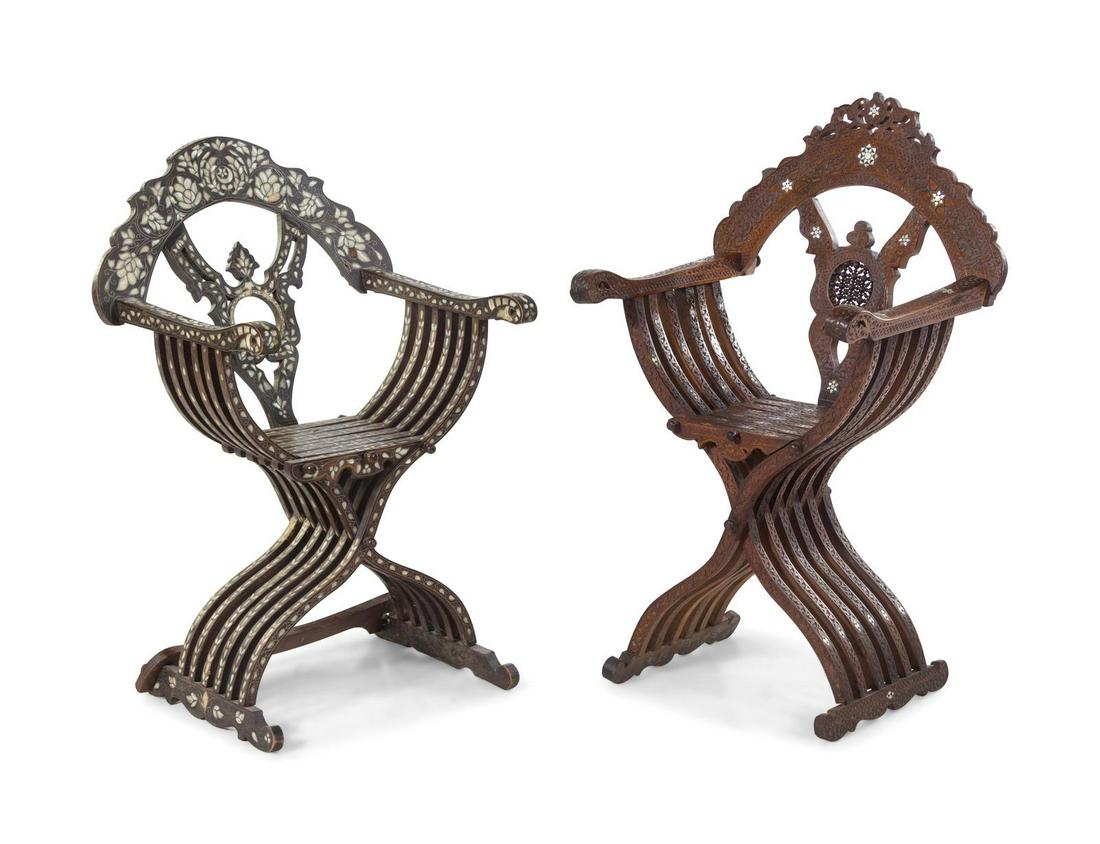 Two Syrian Carved and Mother-of-Pearl Inlaid Armchairs: Two Syrian Carved and Mother-of-Pearl Inlaid Armchairs 19th Century Height of taller 42 1/2 inches. Property from the Collection of Hamid and Kim Alwan, Milwaukee, Wisconsin
