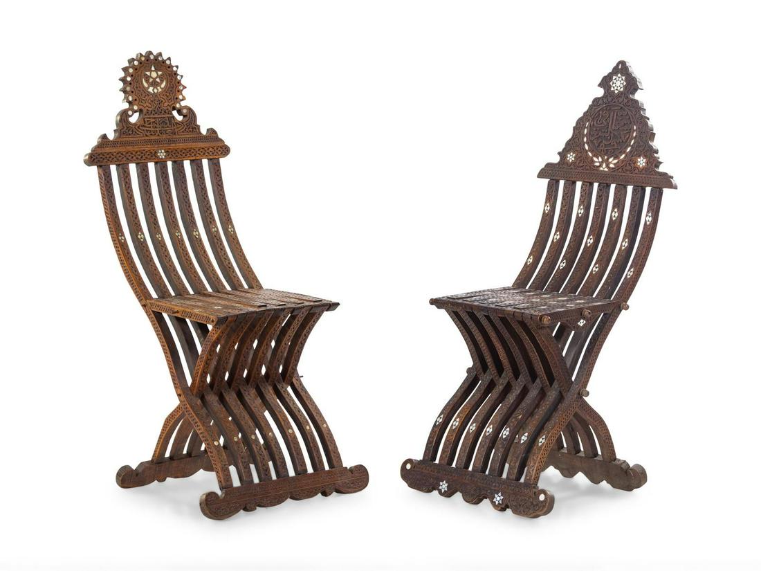 Two Syrian Carved and Mother-of-Pearl Inlaid Side: Two Syrian Carved and Mother-of-Pearl Inlaid Side Chairs 19th Century Height 40 1/4 inches. Property from the Collection of Hamid and Kim Alwan, Milwaukee, Wisconsin