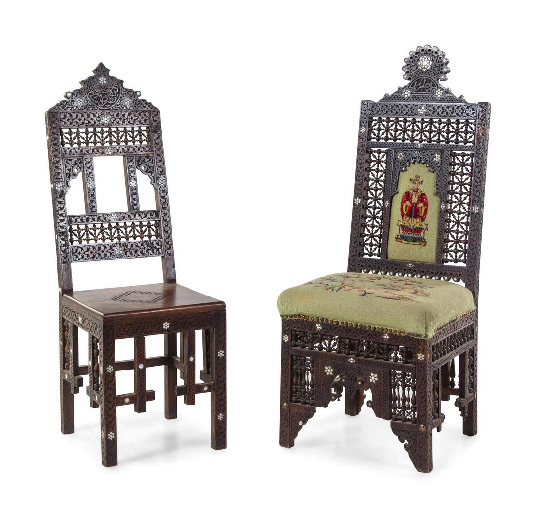 Two Syrian Mother-of-Pearl Inlaid Side Chairs: Two Syrian Mother-of-Pearl Inlaid Side Chairs 19th Century Height of taller 46 1/2 inches. Property from the Collection of Hamid and Kim Alwan, Milwaukee, Wisconsin