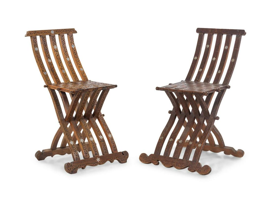 A Near Pair of Syrian Mother-of-Pearl Inlaid Chairs: A Near Pair of Syrian Mother-of-Pearl Inlaid Chairs Late 19th/Early 20th Century Height 31 inches. Property from the Collection of Hamid and Kim Alwan, Milwaukee, Wisconsin