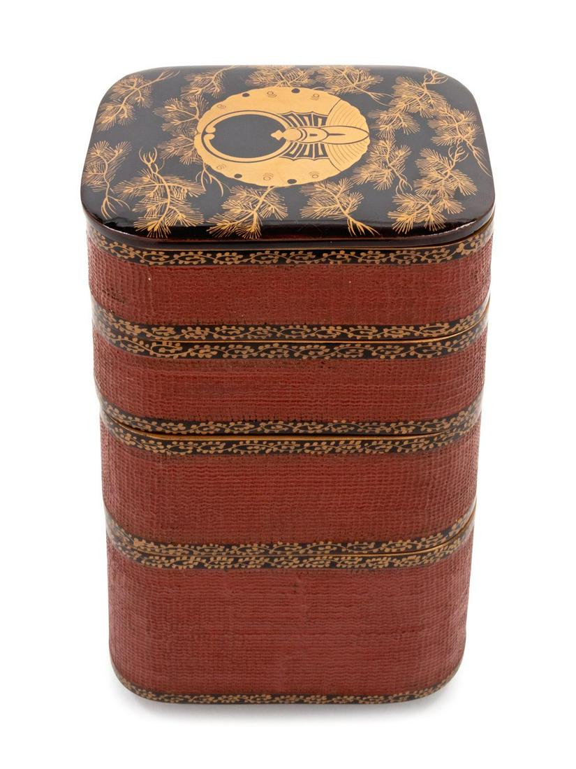 A Japanese Parcel Gilt and Lacquered Four-Tier Box: A Japanese Parcel Gilt and Lacquered Four-Tier Box Edo Period, 19th Century Height overall 7 1/4 inches. Property from the Collection of Marion and Henry Bloch, Kansas City, Missouri