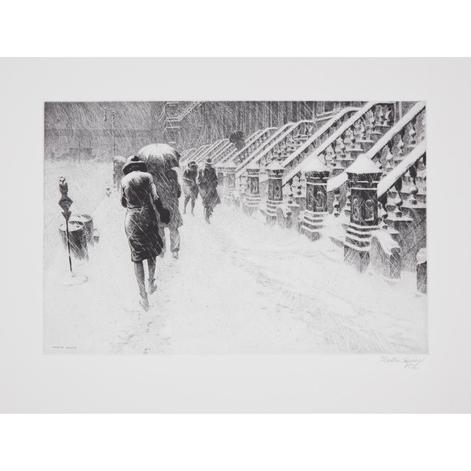 Martin Lewis (American, 1881-1962), , Stoops in the: Martin Lewis (American, 1881-1962) Stoops in the Snow 1930. Edition of 115. Pencil signed 'Martin Lewis/P.L.' (Patricia Lewis) bottom right; also titled verso and with publisher's blindstamp bottom ri