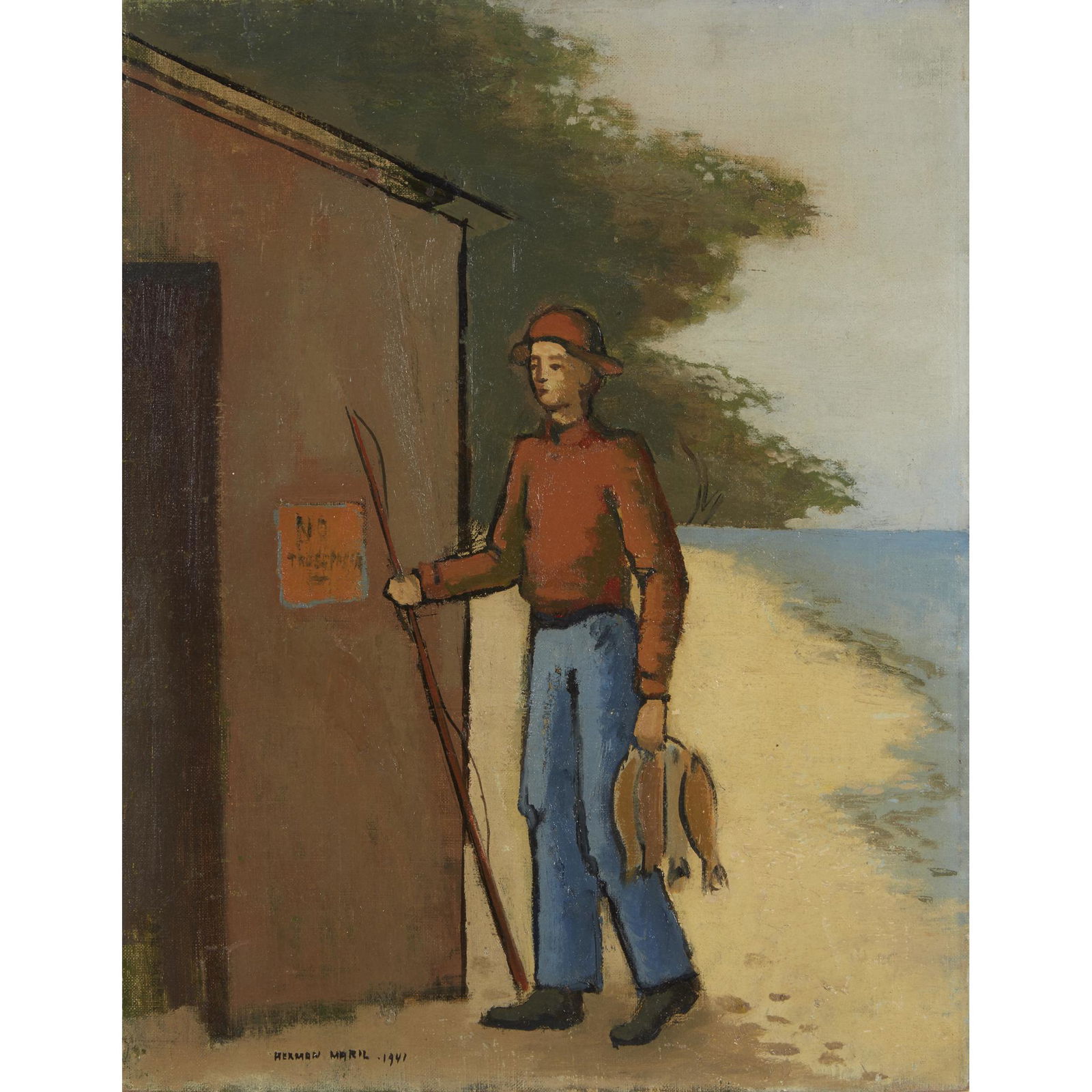 Herman Maril (American, 1908-1986), , No Trespassing: Herman Maril (American, 1908-1986) No Trespassing Signed and dated 'Herman Maril. 1941' bottom left; also signed and dated '1940' verso, oil on canvasboard 18 x 14 in. (45.7 x 35.6cm) Unframed. PROVEN