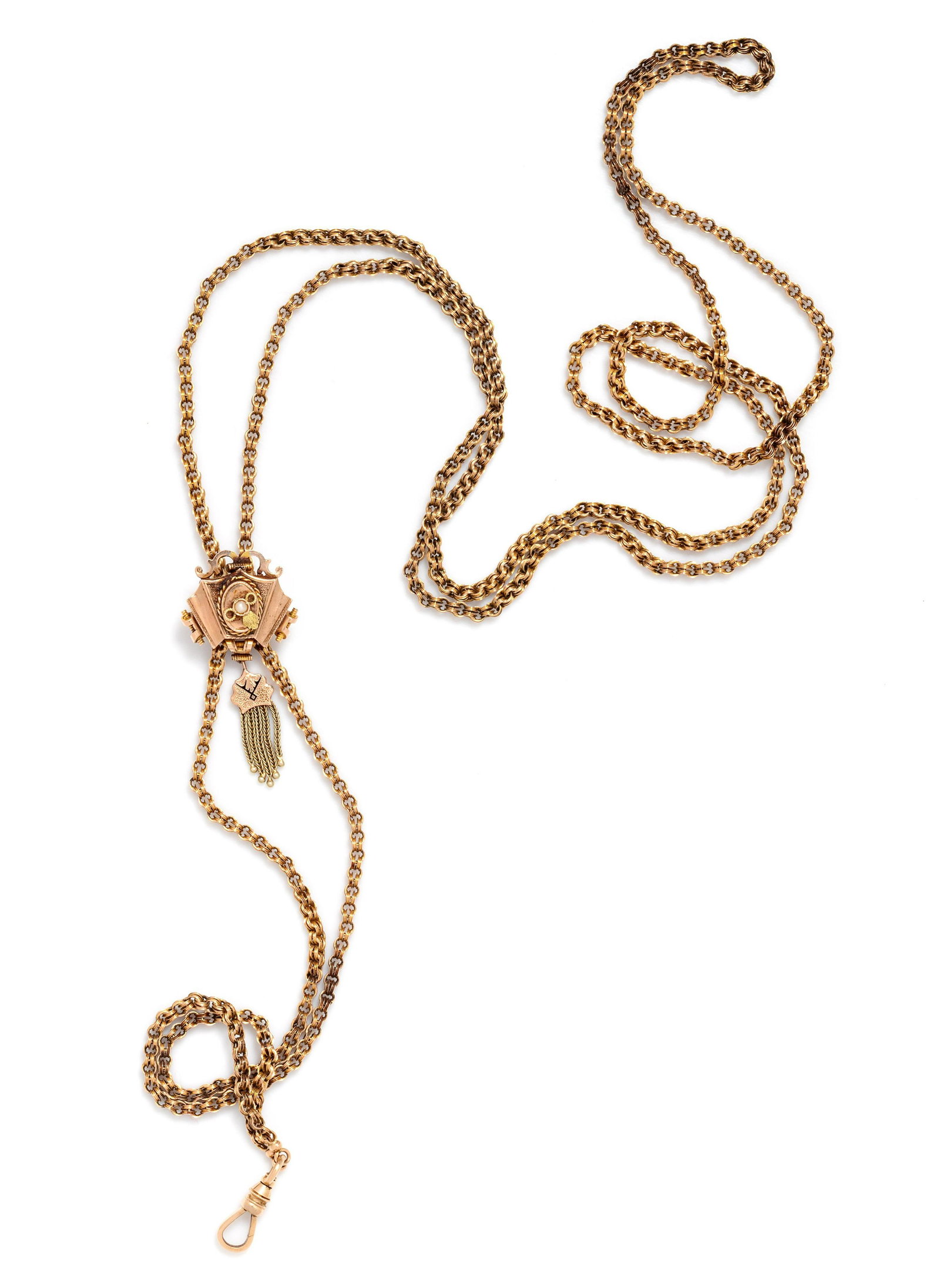 Victorian, Yellow Gold Longchain and Slide Necklace: Victorian, Yellow Gold Longchain and Slide Necklace consisting of a double link rolo chain and slide suspending a tassel and hinged Albert clasp. 31.00 dwts. Property From the Estate of Dorothy Moroff